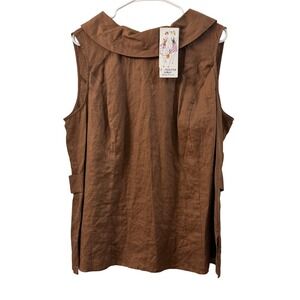 2 Friends Woman Brown Linen Sleeveless Button Back Collar Top Size 16